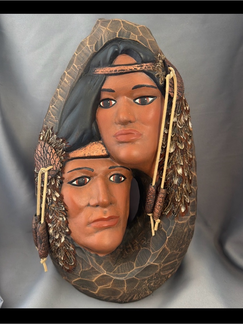 Vintage Native American Couple Ceramic Hand Painted Art Rare Large Vase 14”T
